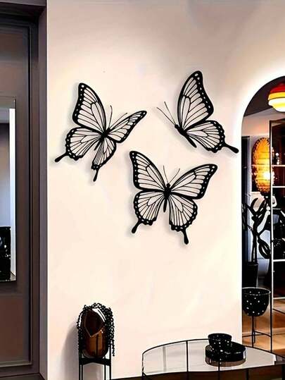 3pcs Vintage Iron Butterfly Wall Decor - 3D Stereo Horizontal Wall Hanging Decoration, Suitable For Indoor/Outdoor Scenes, Natural Butterfly Pattern, Suitable For Weddings And Seasonal Decorations (Christmas/Easter) - Elegant 3D Wing Design, Suitable For Living Room, Bedroom - Retro Metal Art