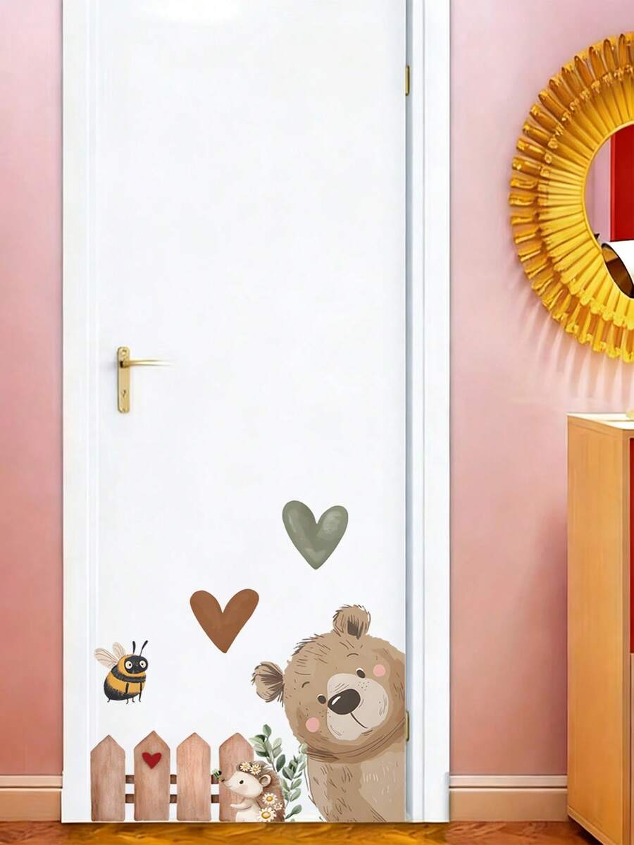 1pc Cute Lion, Rabbit And Bear Heart Pattern Cartoon Self-Adhesive Door Sticker, PVC Material Removable Bedroom Bathroom Door Wall Home Decor Sticker, Gift For Birthday, Graduation - Easy To Stick, Removable Room Door Decor, Bathroom Sticker For Home And Holiday Gifts
