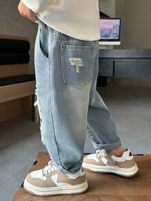 Autumn Loose Fit Distressed Straight Leg Jeans For Young Boys, Suitable For Daily, School, Casual And Outdoor Wear - Blue - View 6