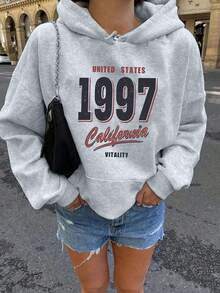 Sudadera de estilo Y2K con estampado numérico para mujer talla grande - de manga larga con bolsillos, para todas las estaciones - Gris Claro - Ver 10