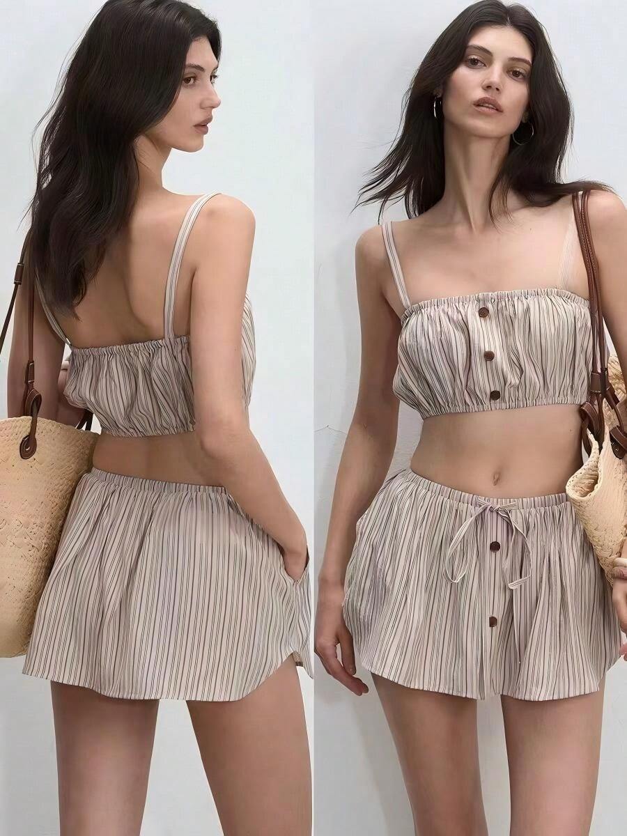 Bộ áo hai dây và quần short kẻ sọc màu nâu Pháp, trang phục mùa hè thoáng mát. - màu nâu - Xem 1