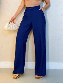 Women's Linen High Waisted Palazzo Pants With Buttons And Zipper And Two Open Pockets At The Back, New Fashion - 新海軍藍 - 查看 1