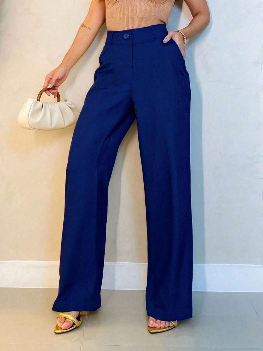 Women's Linen High Waisted Palazzo Pants With Buttons And Zipper And Two Open Pockets At The Back, New Fashion - 新海軍藍 - 查看 1