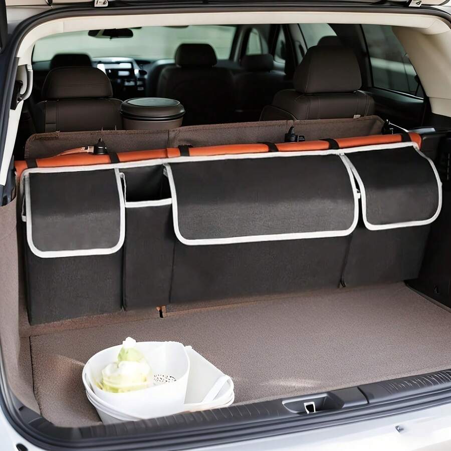 1个防水可折叠汽车后备箱收纳袋，带4个口袋，适用于SUV、卡车、MPV后座、汽车内饰配件