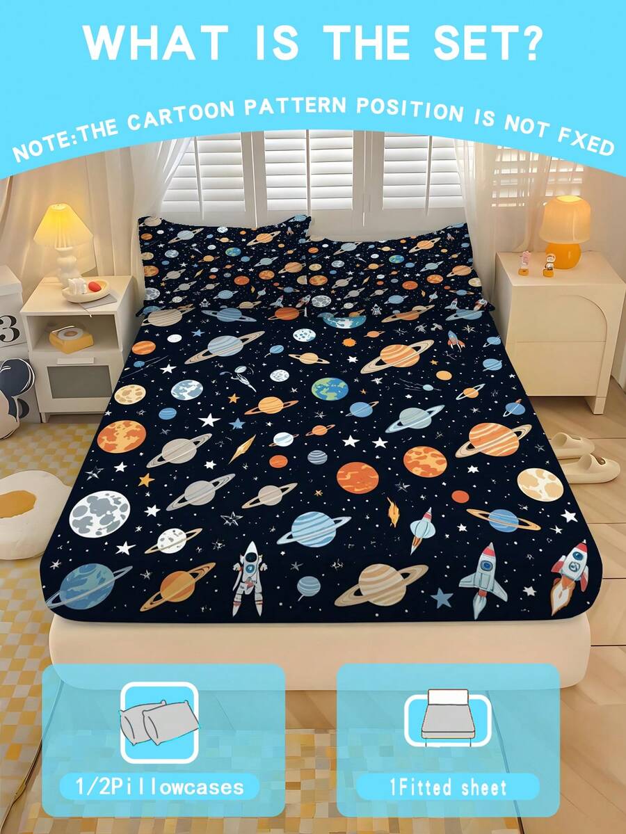1/2/3PCS Cartoon Planet Children's Bedding Products The Bedsheet Fully Covered Mattress Protector Non-Slip Soft And Breathable Fabric Made Fits Twin Bed Twin Full King Queen Size Bed Machine Washable The Height Of 71 * 132CM Is 25CM