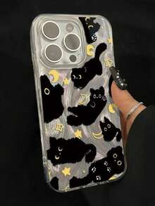 1个可爱黑猫手机壳，兼容 13/17/13/15/14/11/12/16/17 Pro Max/16 Plus，激光银色羽毛纹理防震保护套 - 黑色 - 查看 2