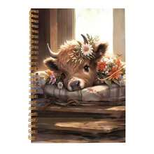 1 pieza Cuaderno de espiral con diseño de vaca de las tierras altas, regalo de vaca de primavera, cuaderno de diario de espiral con flores de margarita, 50 hojas, 5.5x8.3 pulgadas, regalos de vaca para mujeres, regalos para amantes de las vacas, cuaderno de rayas universitarias con encuadernación de alambre, cuaderno de espiral dorado con tapa dura, suministros de oficina, suministros escolares, papelería