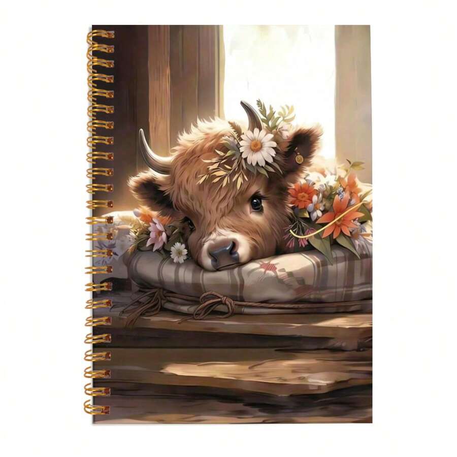 1 pieza Cuaderno de espiral con diseño de vaca de las tierras altas, regalo de vaca de primavera, cuaderno de diario de espiral con flores de margarita, 50 hojas, 5.5x8.3 pulgadas, regalos de vaca para mujeres, regalos para amantes de las vacas, cuaderno de rayas universitarias con encuadernación de alambre, cuaderno de espiral dorado con tapa dura, suministros de oficina, suministros escolares, papelería