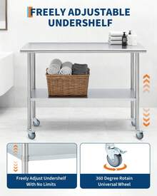 Mesa de preparación de acero inoxidable de 24 x 48 pulgadas con 4 ruedas con bloqueo, estante inferior ajustable, mesa de trabajo de cocina comercial resistente para restaurantes, garajes y uso en exteriores. - Plateado - Ver 3