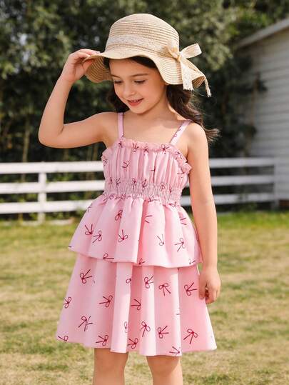 Young Girl's Casual Collegiate Dopamine Outfit Cute Style Ruffle Trim Bow Print Pink Camisole Dress, Suitable For Outdoor, Back To School, Commute, Social Gatherings, Party, Spring/Summer