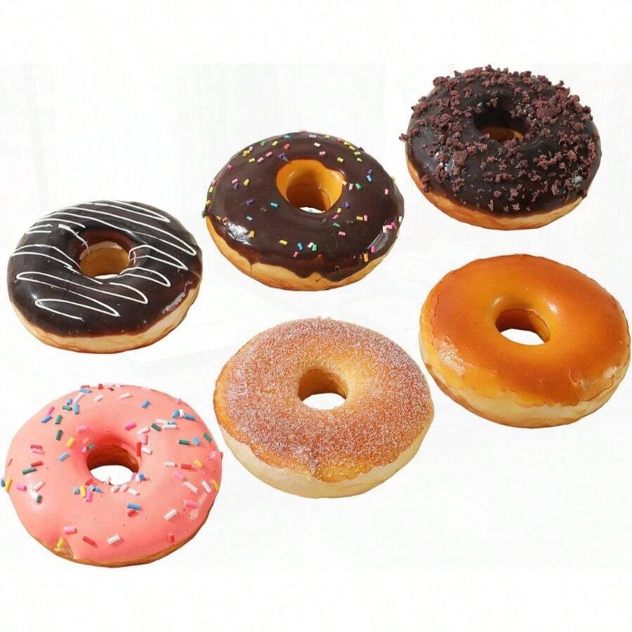 Juego de 6 donas artificiales para decoración de alimentos falsos realistas para exhibición de postres falsos para decoración de fiestas de postre sintético accesorios de fotografía - Paquete de 6 - Ver 1