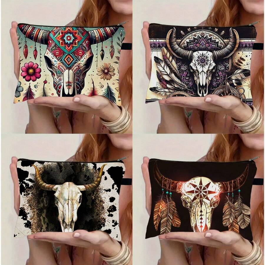 1pc Western Style Cowgirl Skull Toiletry Bag - Western Themed, Polyester Material Washable Design, Portable Makeup Bag, Toiletry Pouch, Hanging Handle, Suitable For Camping, Outdoor, Business - Cowgirl Gift, Western Style (Unscented, Unisex) Toiletries Bag Travel Toiletry Bag Wash Bag Shower Bag Large Capacity For Women Packing Cubes Travel Essential Cruise Essentials Holiday Essential - Multicolor - View 1