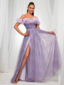 VIPGIRL Purple Off-Shoulder Elegant Mesh Slit Evening Gown Dress - Purple - View 1