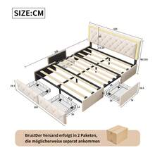 Caluself PU Upholstered Bed 140/160x200 Cm, Double Bed And 4 Drawers, Bed Frame With Adjustable Headboard, Storage Beds, Youth Bed Frame, Bed With Slatted Base - Màu be - Xem 9
