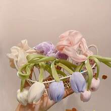 1 pieza Nuevo Scrunchie con flor de tulipán dulce y versátil, accesorio de pelo elegante y de alta gama para coletas altas - Amarillo - Ver 3