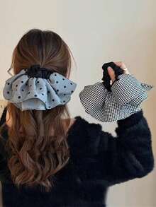 1pc French Oversized Plaid Ruffle Scrunchie, Elegant Ponytail Holder Hair Accessory, Casual Style