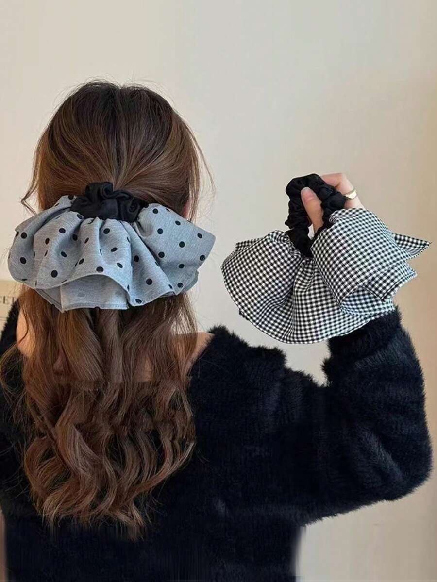 1pc French Oversized Plaid Ruffle Scrunchie, Elegant Ponytail Holder Hair Accessory, Casual Style