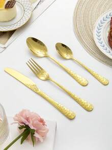 4/16/24件套不锈钢餐具套装，包括餐刀、餐勺、餐叉和甜点勺，适用于厨房、餐厅、自助餐，也可作为斋月礼物，手柄刻有精美图案。 - 金色 - 查看 4