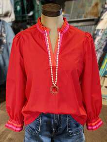 1 Women' Lightweight Ruffle & Puffy Flounce Sleeve Blouse With Elastic Cuffs - Contrasting Color Placket, Ribbed Cuffs,Solid Color Spring Summer Casual Shirt, Suitable For Spring Summer - Đỏ - Xem 6