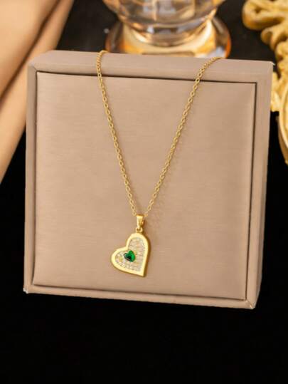 1 pieza Collar con colgante de circonita cúbica con forma de corazón, diseño único y elegante minimalista, joyería de moda versátil para uso diario y de viaje (empaquetado en bolsa de OPP)