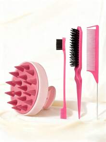 4pcs Massage Scalp Brush, Silicone Hair Washing Brush, Cleaning Shower Comb, Hair Styling Tools - Pink - View 4