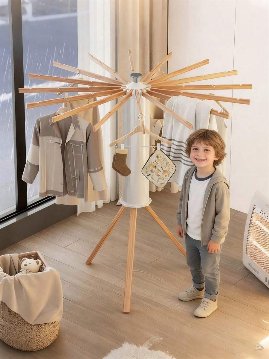 1个木制章鱼造型可折叠晾衣架，室内悬挂式晾衣架，节省空间可折叠设计，便携式晾衣架，适用于婴儿房、卧室、哺乳室、家庭使用，理想的晾衣架，完美的乔迁礼物