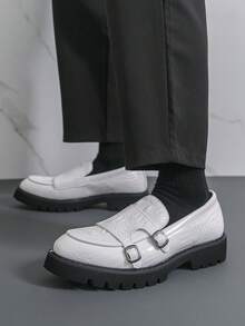 Men's Thick Sole Derby Shoes With Buckle Design, Loafers, Retro Monk Shoes, Formal Dress Shoes, Wedding Shoes, Casual Sneakers - White - View 7