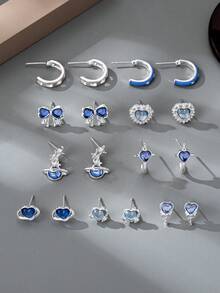 9对可爱少女心形、蝴蝶结、小行星造型耳环套装，适合女性日常佩戴或作为礼物送给朋友