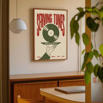 1 st inramad/oramad servering av låtar vinylmusik canvasposter vintage mitten av århundradet skivspelare disco bar väggkonsttryck grön retro funky målning för lägenhet, vardagsrum, sovrum, modern heminredning