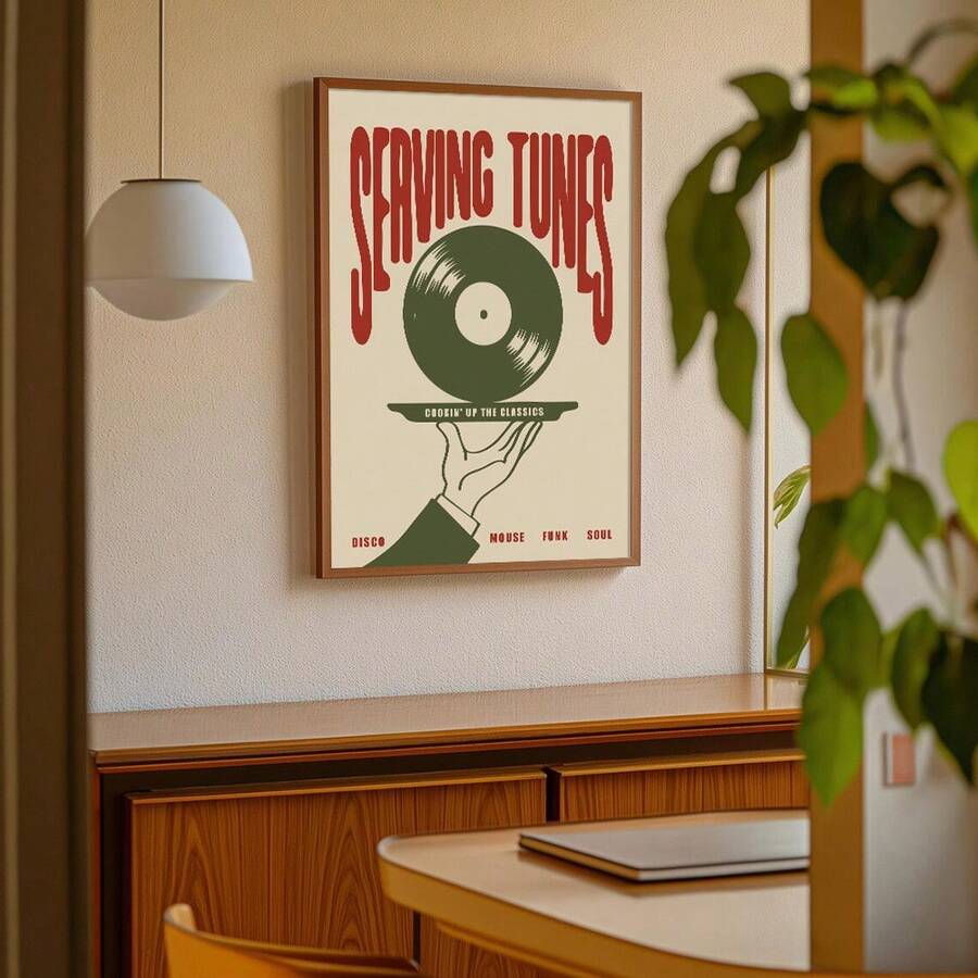 1pc Framed/Unframed Serving Tunes Vinyl Music Canvas Poster Vintage Mid Century Record Player Disco Bar Wall Art Print Green Retro Funky Painting For Apartment,Living Room,Bedroom,Modern Home Decoration - Multicolor - View 1