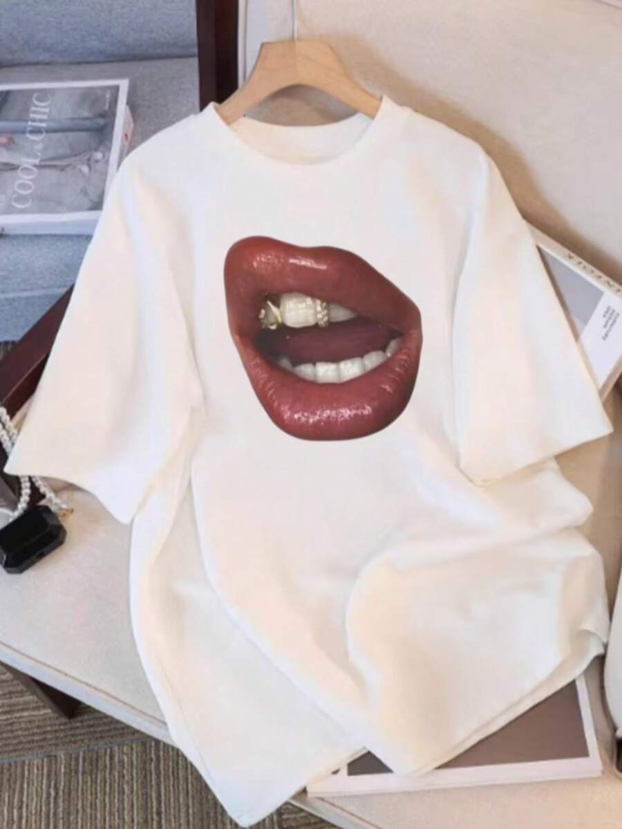 1pc HASSURU Big Mouth Graphic Oversized T-Shirt Men Women White Cotton Streetwear Tee With Bold Golden Grill Lips Print, Round Neck Short Sleeve Casual Top, Unisex Clothing, Statement Fashion, Comfortable Fit Gifts - 白色 - 查看 1