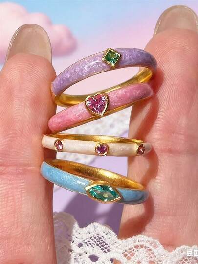 4pcs/Set Colorful Dopamine Zirconia Enamel Heart Rings, Sweet Romantic Valentine's Day Pink Ring Set