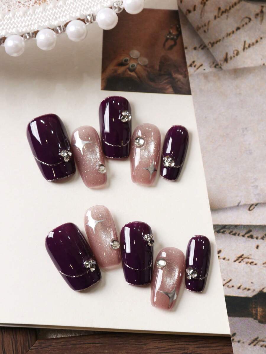 10pcs Acrylic Press On Nails Purple; Light Coffee Cat's Eye Star Fake Nails Short Office DailyWear False Nails Artificial Nails Kit Includes 1sheet Adhesive Tabs &1 Pc Mini File - Multicolor - View 1