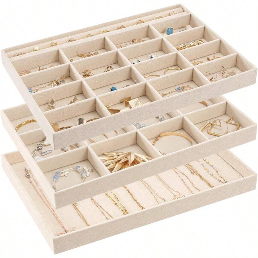 Procase 3 Bandejas Organizadora para Joyería Apilables para Cajón Tocador Armario Exhibidor de Collares Pendientes Pulseras Anillos Relojes Regalo Ideal para Mujeres y Niñas -Beis - Beis - Ver 1