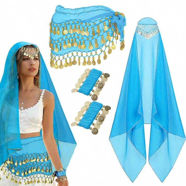 4 pièces Ensemble de danse du ventre, comprenant une écharpe de hanche en mousseline, un foulard de tête, des bracelets et d'autres accessoires de danse, avec pièces de monnaie incluses - Multicolore - Voir 6