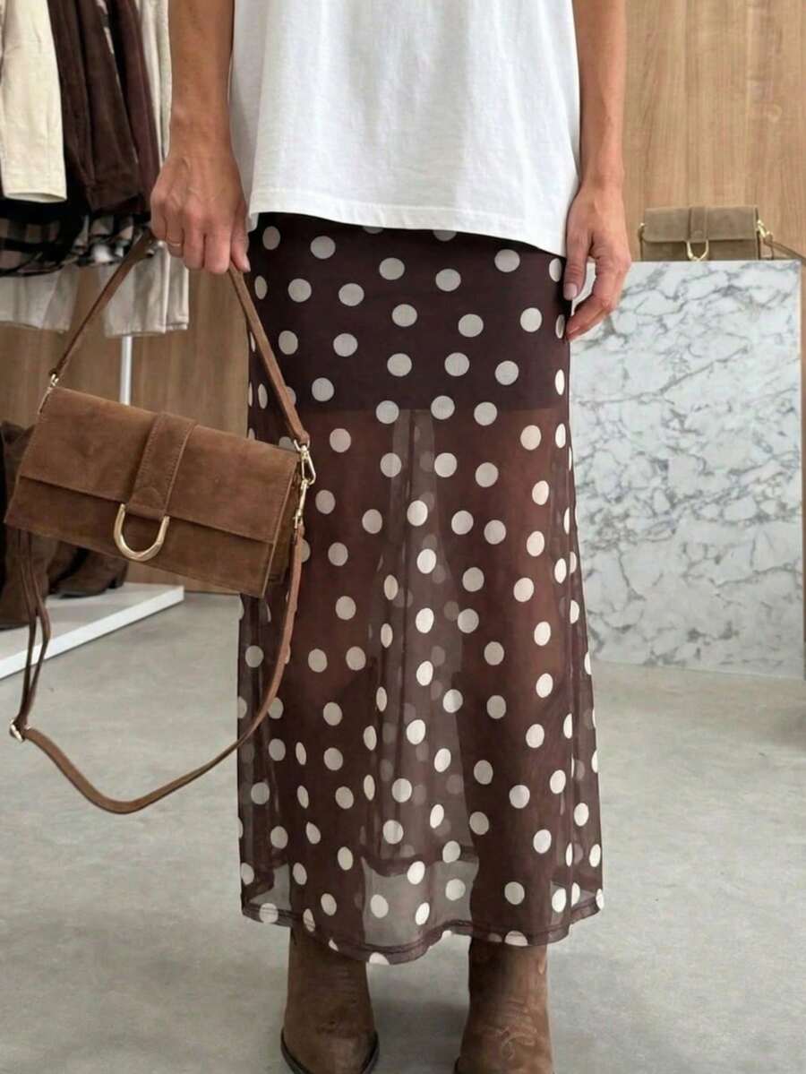 波點滿版印花休閒優雅度假風春夏女款長版A字波點裙,聚酯纖維面料,中等彈性,適合度假 - 淡紫色 - 查看 1