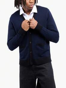 Men's Herringbone Cardigan Sweater - Navy/Black - View 4