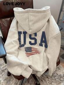LOVE JOYY 女士宽松国旗图案连帽卫衣，时尚休闲秋冬装，长袖灰色上衣 - 灰色 - 查看 2