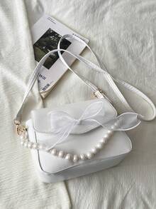Sweet Lace Bow Pearl Mini Handbag Shoulder Bag - White - View 7