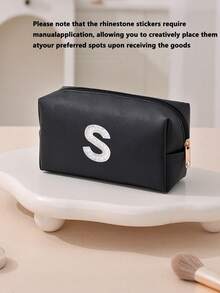 1pc Women's Octagonal Makeup Bag, Travel Organizer Bag, Bridal Makeup Bag, PU Letter Makeup Bag, Portable Chenille Letter Zipper Makeup Bag, Letter Patch PU Leather Waterproof Travel Toiletry Bag, Letter Combination Cosmetic Bag (Letter A~Z), Suitable For Autumn Home Decor - Black and White Lettering - View 36