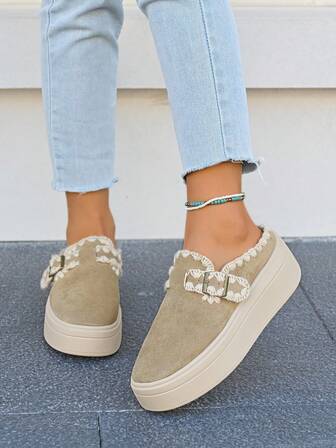 1 par de zapatos de suela gruesa con tira de tela de unicolor, adecuados para vacaciones en primavera y otoño