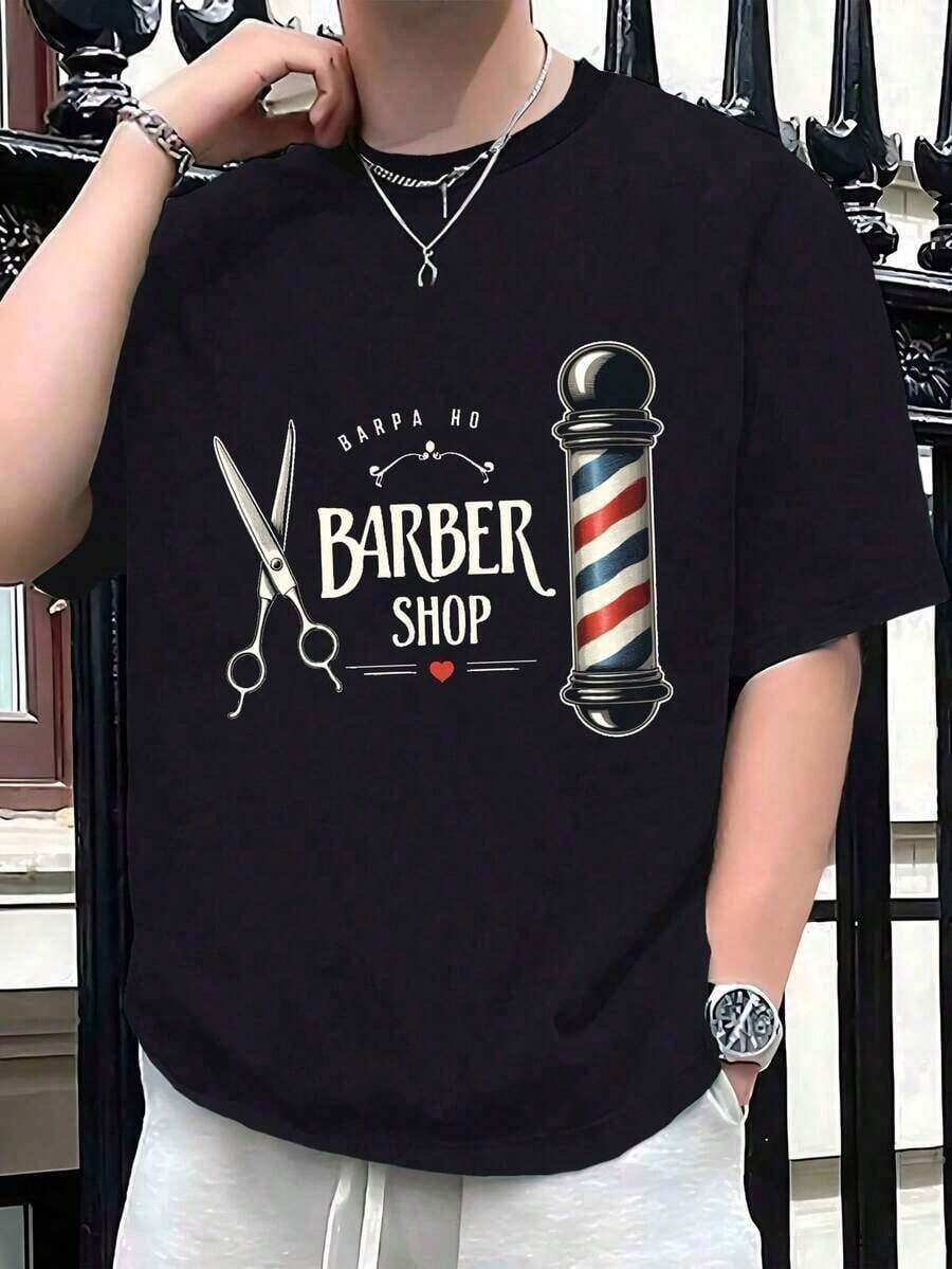 Camiseta de algodón para hombre, corte cómodo, tijeras de barberíasummer - Negro - Ver 1