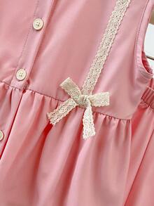 2 pezzi/set Completo estivo casual da ragazza con top a canotta con collo rotondo e fiocco decorativo e pantaloni a gamba ampia con volant, vestibilità morbida - Rosa - Visualizzare 5