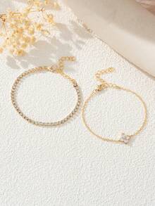 1 Set Cubic Zirconia Flower Beaded Bracelet With Crystal Chain Double Layer Bracelet Set, Suitable For Girls Everyday, Date, Party, Social Occasions - Multicolor - View 3