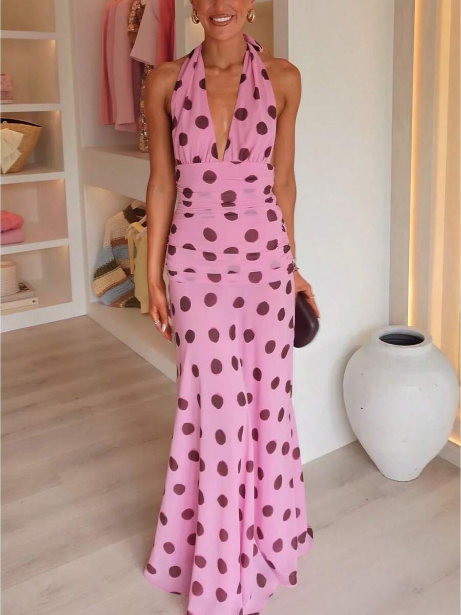 Women's Tie Backless Sleeveless Halter Dress Deep V Neck Ruched Cinching Waist Long Flowy Dresses - 粉色 - 查看 1