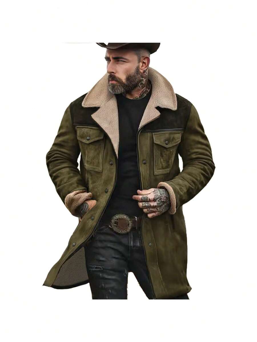 Abrigo de trinchera para hombre, chaqueta de ante con bloques de color para otoño/invierno con múltiples bolsillos y cremallera para hombre - Verde militar1 - Ver 1