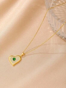 1pc Heart-Shaped Cubic Zirconia Pendant Necklace, Minimalist Elegant Unique Creative Design Fashion Jewelry, Versatile For Daily And Commute (OPP Bag Packaging) - Yellow Gold - View 2