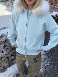 女士柔软休闲拉链针织开衫，带人造毛领连帽衫外套，秋冬季 - 天空藍 - 查看 4
