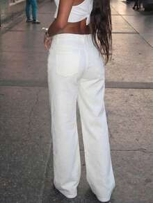 Women's Straight Leg Jeans, Classic Button Fly, Slant Pockets Design, Casual & Comfortable, Versatile For Daily Wear - White - View 2