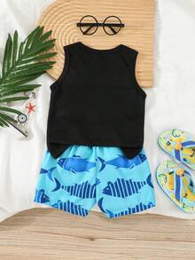 2pcs/Set Baby Boy Cute Shark Graphic Top & Allover Print Shorts Set, Breathable Casual Sports Outfit For Summer - Black - View 2